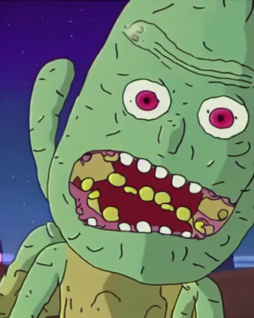 Image similar to film still close - up shot of pickle rick in the tv show rick & morty. photographic, photography