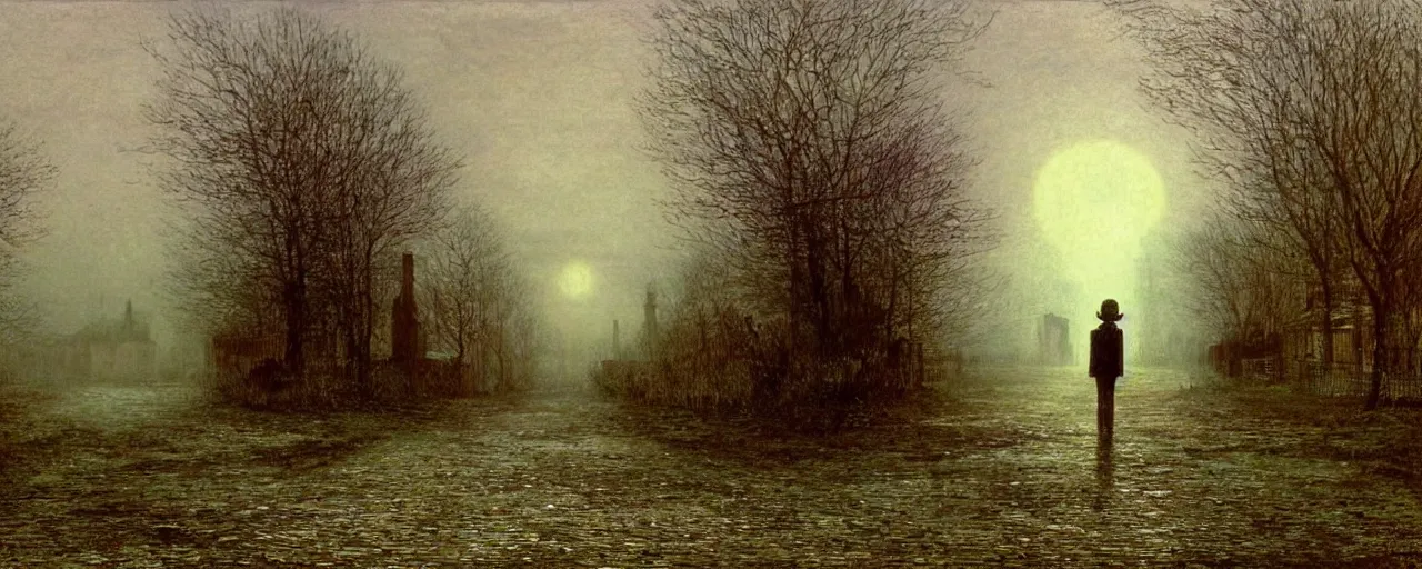 Image similar to a boy lost in a ghost town, in the style of john atkinson grimshaw, landscape, romanticism, streetscape, symbolism, impressionism