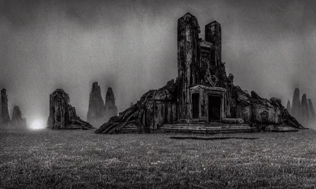 Image similar to a outside temple full of dark evil idol, landscape photograph taken by giger and beksinski and chaos and midnight sun and death fog and nightmare megacity