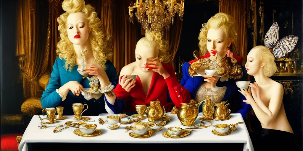 Image similar to a blonde and a mallard and a pig having tea at the ritz, abstract oil painting by gottfried helnwein pablo amaringo raqib shaw zeiss lens sharp focus high contrast chiaroscuro gold complex intricate bejeweled