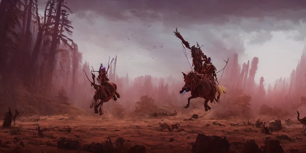 Image similar to buffalo chase ,native indian on ancient wood atv, attacking, action scene, an epic fantasy, dramatic lighting, cinematic, establishing shot, extremely high detail, photorealistic, cinematic lighting, artstation, octane render, by simon stalenhag, horizon forbidden west and futuristic western