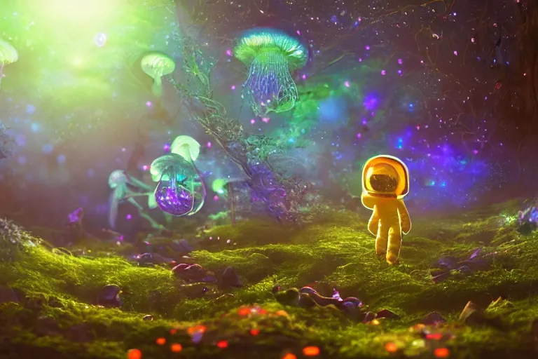 Prompt: An astronaut walking in an enchanted fantasy forest. Glowing mushrooms. Floating jellyfish. Colorful. Cinematic lighting. Photorealism.