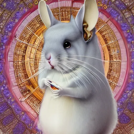 Prompt: a photograpic portrait of a anthropomorphic chinchilla wearing white clothes, iridescent colors, fantasy, intricate, elegant, highly detailed, digital painting, artstation, concept art, smooth, sharp focus, illustration, art by artgerm and H R Giger and alphonse mucha