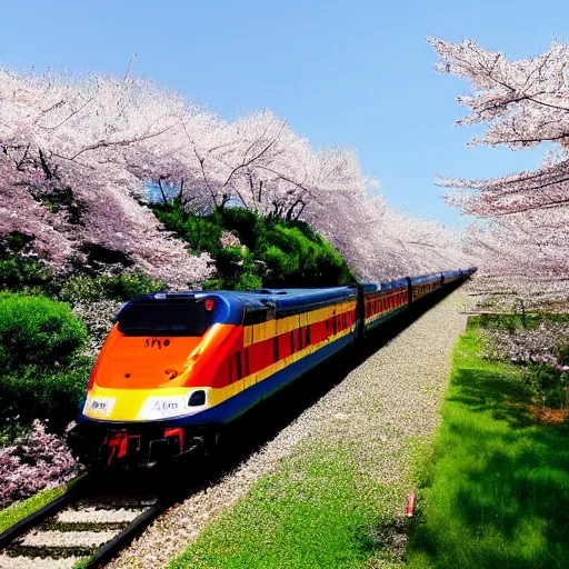 Image similar to photo of a Japanese train in the countryside, cherry blossom trees blooming, golden ratio, beautiful, happy,