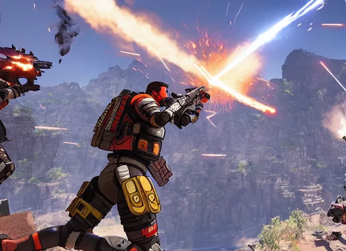 Image similar to Apex Legends screenshot, epic fantasy, explosions, bullet tracers