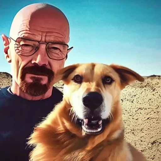 Image similar to Walter White with the dog filter, selfie, cute, snapchat, lighthearted, wholesome