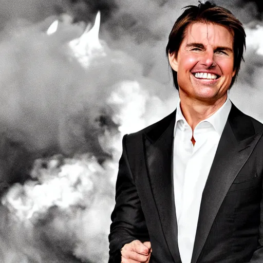 Prompt: Tom Cruise laughing in a house he set on fire, flaming background, overexposed photograph