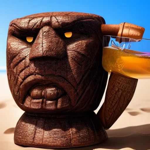 Prompt: a closeup photorealistic photograph of ben grimm's face on a tiki mug at trader vic's beach bar. fantastic four. tiki culture. bright scene. fine detail. this 4 k hd image is trending on artstation, featured on behance, well - rendered, extra crisp, features intricate detail, epic composition and the style of unreal engine.