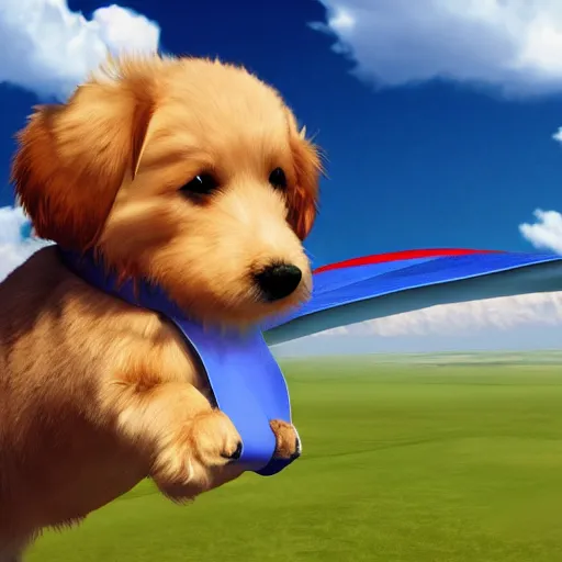 Prompt: photorealistic cute dog with a parachute on a sky background