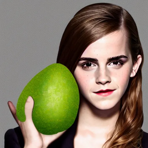 Prompt: photograph of emma watson with green avocado skin, anthropomorphic, photoshop