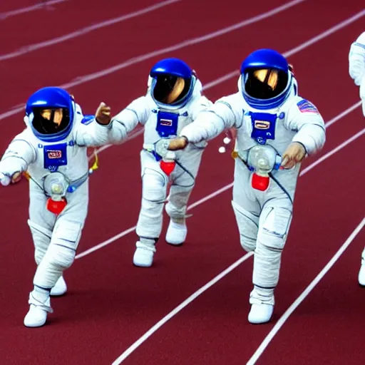 Image similar to 5 space astronauts in spacesuits running in a relay race in a stadium, each astronaut in different colors, olympic relay race. athens games