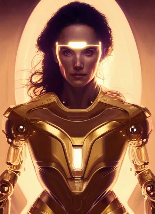 Image similar to symmetry!! portrait of jennifer connelly, gold sci - fi armour, tech wear, glowing lights!! sci - fi, intricate, elegant, highly detailed, digital painting, artstation, concept art, smooth, sharp focus, illustration, art by artgerm and greg rutkowski and alphonse mucha