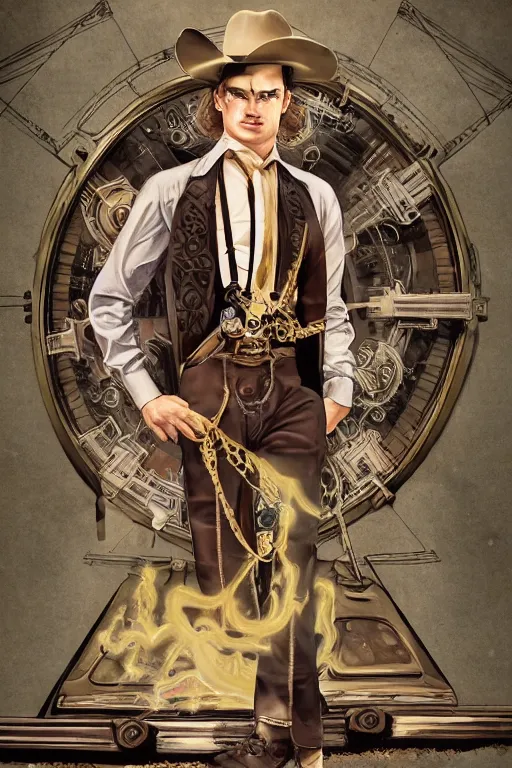 Prompt: a dramatic ethereal epic symmetrical painting of a handsome villainous cowboy standing in front of railroad tracks with a train locomotive | his shirt is unbuttoned and he has a pocketwatch | tarot card, art deco, art nouveau, ( steampunk ), homoerotic, realistic | by rolf armstrong, by coles phillips | trending on artstation
