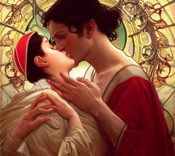 Image similar to photography of a pope kissing the breast of a sensual woman, deep focus, intricate, elegant, highly detailed, digital painting, artstation, concept art, matte, sharp focus, illustration, art by artgerm and greg rutkowski and alphonse mucha