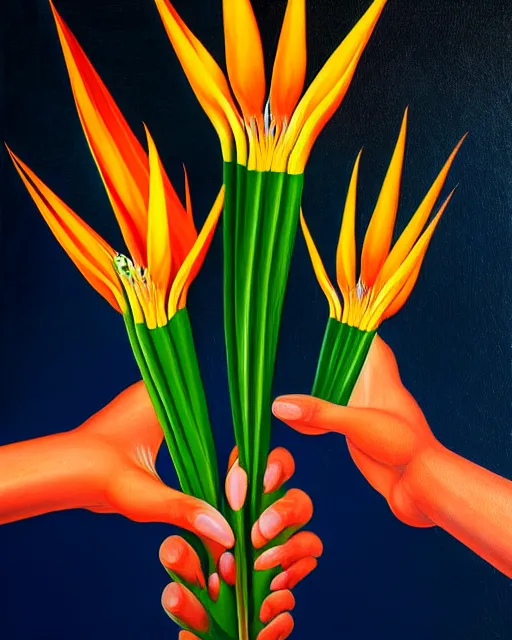 Prompt: neo-surreal high detail painting of human hands holding Birds of Paradise flowers robert steven connett dramatic orange light 8k high angle shallow depth of field