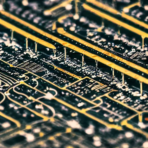 Prompt: circuit board neighborhood, transistors, capacitors, buildings and cars, tilt shift