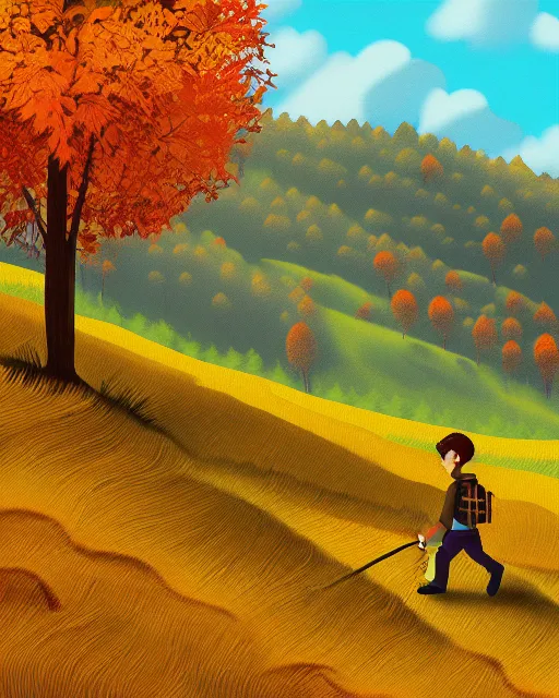 Image similar to autumn hillside boy hiking illustration detailed, by pedro kruger