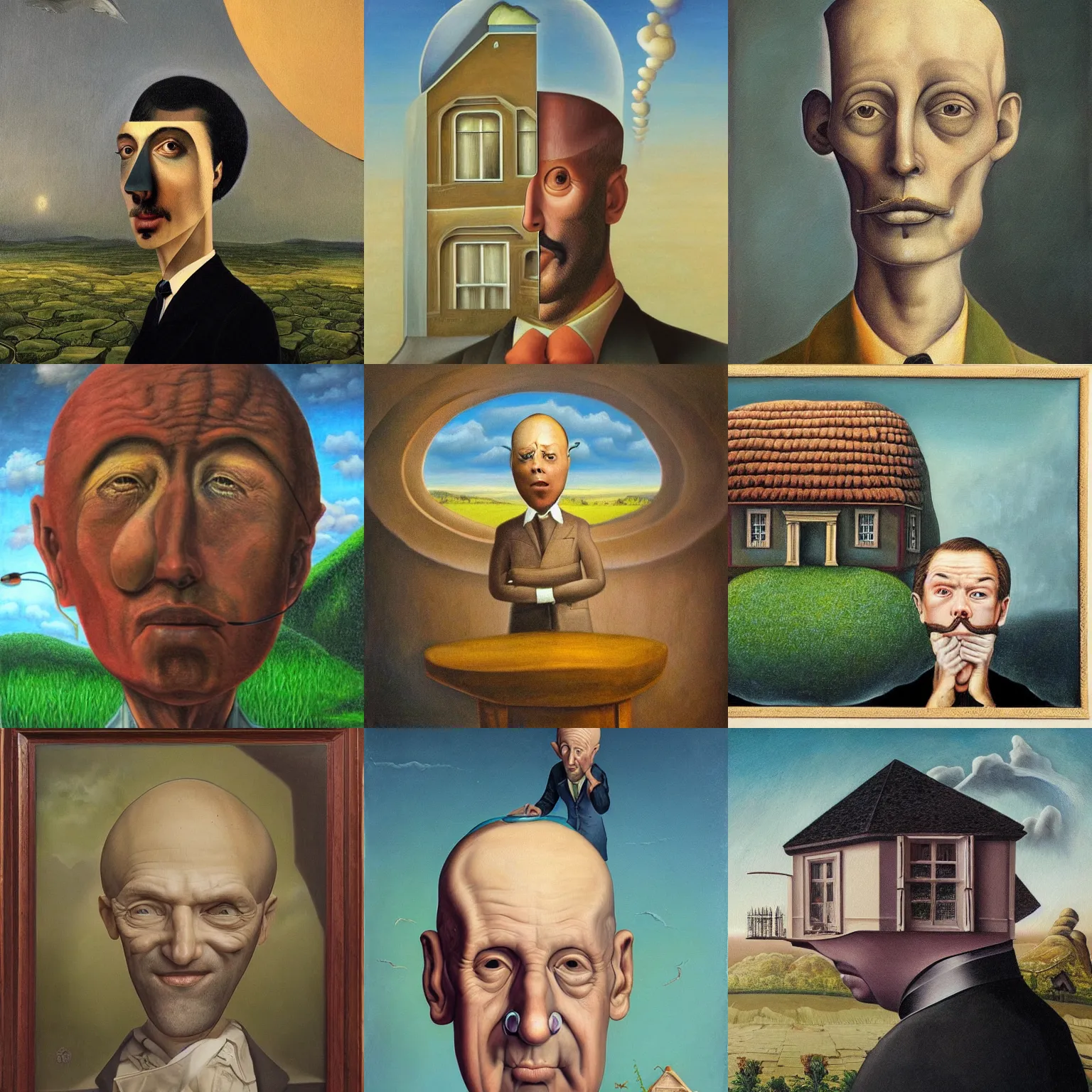 Prompt: A detailed surrealism painting of a man with a head shaped like a house