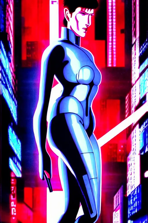 Image similar to max headrom in a long shot from the film ghost in the shell, style of yoshii chie, cinematic, highly detailed