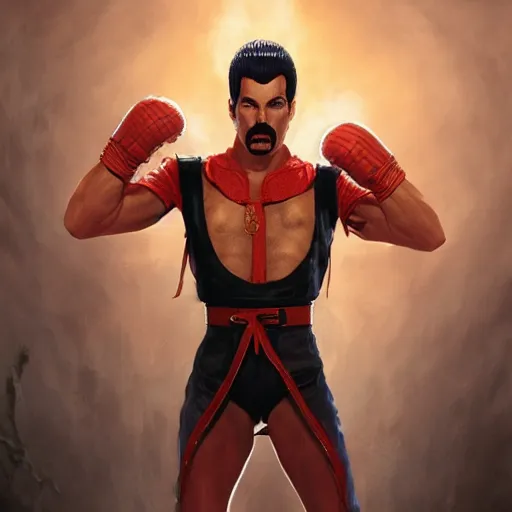 Image similar to freddy mercury as ken street fighter, ultra realistic, concept art, intricate details, highly detailed, photorealistic, octane render, 8 k, unreal engine, art by frank frazetta, simon bisley, brom