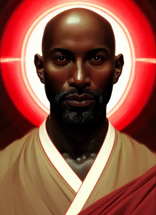 Prompt: symmetry!! portrait of a dark skinned, bald, terrence boyd as a jesus christ in a red kimono with an halo, face close - up, intricate, elegant, highly detailed, digital painting, artstation, concept art, smooth, sharp focus, illustration, art by artgerm and greg rutkowski and alphonse mucha