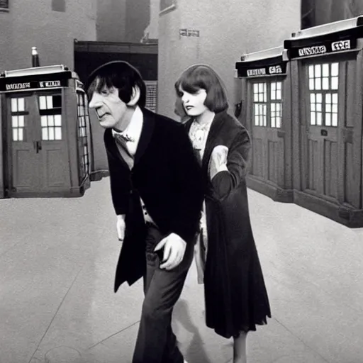 Image similar to The Second Doctor stepping out of the Tardis with his companion Polly, colourised, high definition