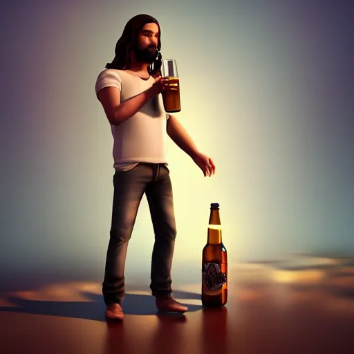 Image similar to a Jesus drinking beer, photoshop, blender, artstation, animation, 3D,