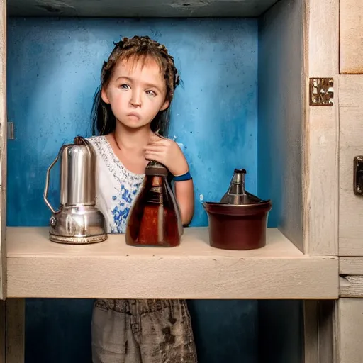 Prompt: a little blue-skinned girl with messy black hair sharp pointed ears freckles along the ridges of her cheeks in a pantry drinking from a leather flask, blue skinned dnd triton, high resolution film still, 4k, HDR colors