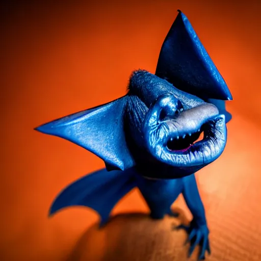 Prompt: detailed photo of scary giant mutant dark blue humanoid pygmy-bat, glowing red eyes, sharp teeth, acid leaking from mouth, realistic, giant, bat ears, bat nose, bat head, detailed 85mm f/1.4