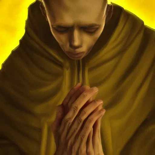 Prompt: Close up of a young, thin and stern catholic priest fervently praying as he is about to die from the ominous Lovecraftian yellow shadow descending upon him from the night sky. The yellow shadow feels very oppressive and terrifying. Low angle, dramatic lighting. Award-winning digital art, trending on ArtStation