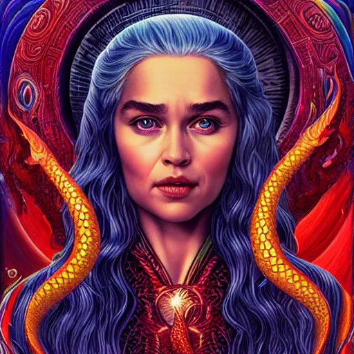 Prompt: cosmic stunning daenerys targaryen portrait with her serpent dragon of fire flame, queen of dragons, fire flaming dragon serpent, Pixar style, by Tristan Eaton Stanley Artgerm and Tom Bagshaw.