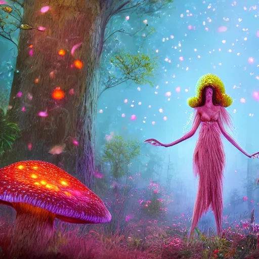 Prompt: a anthro fungal mushroom woman with long arms and long legs wearing a floral dress, fireflies, vivid colours, ultra realistic,, cg society contest winner, behance contest winner, artstation, 4 k uhd art, unreal engine 5