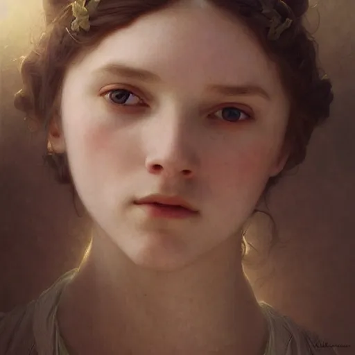 Image similar to Portrait of beautiful pale peasant girl, cinematic lighting, intricate, elegant, highly detailed, digital painting, artstation, smooth, sharp focus, illustration, art by artgerm and greg rutkowski and alphonse mucha and Wayne Barlowe and william-adolphe bouguereau