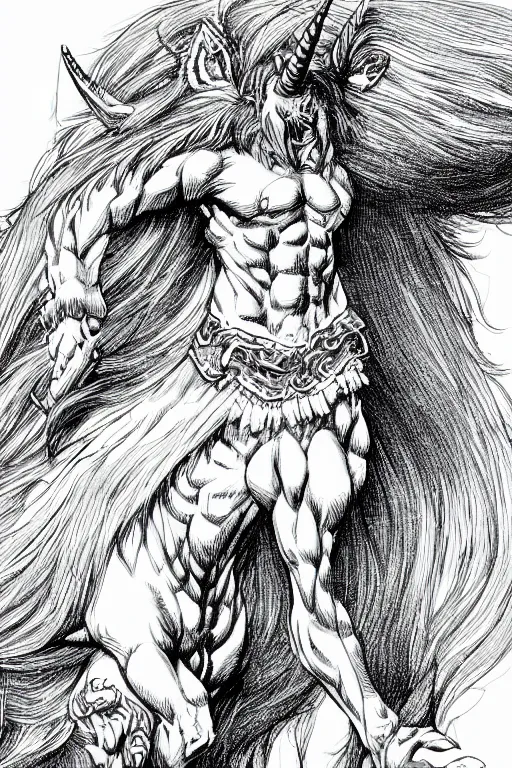 Image similar to unicorn, highly detailed, digital art, sharp focus, trending on art station, kentaro miura manga art style