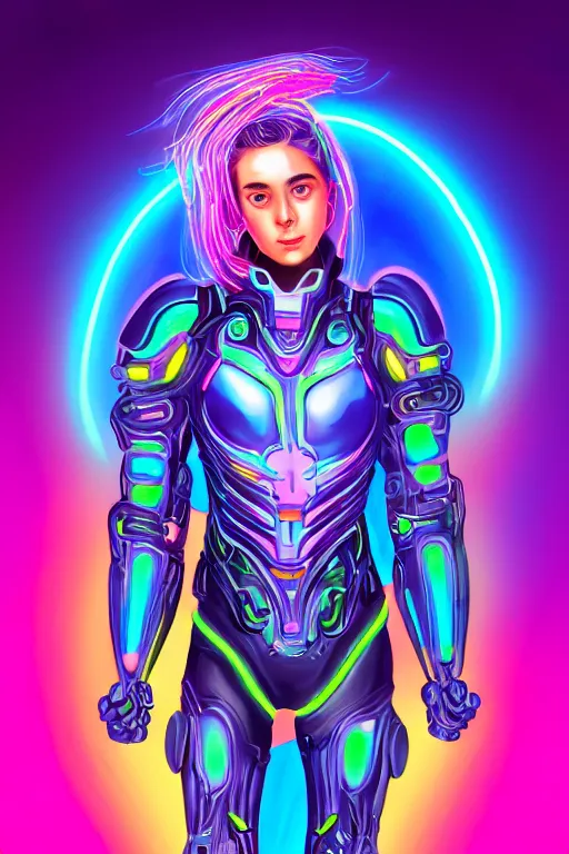 Image similar to portrait of a girl with a biomechanic armor and neon light by Lisa Frank, digital painting, highly detailed, trending on artstation