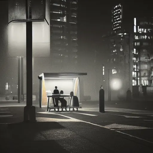 Prompt: a some people waiting in a lone bus stop in quiet dark city night, low poly stylized but with dramatic lighting, low angle camera view, high quality, high resolution,detailed