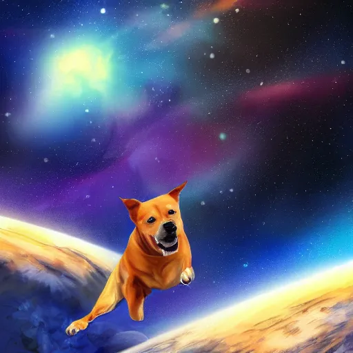Prompt: digital painting of dog floating and pooping in space, nebula background, beautiful, hyper detailed