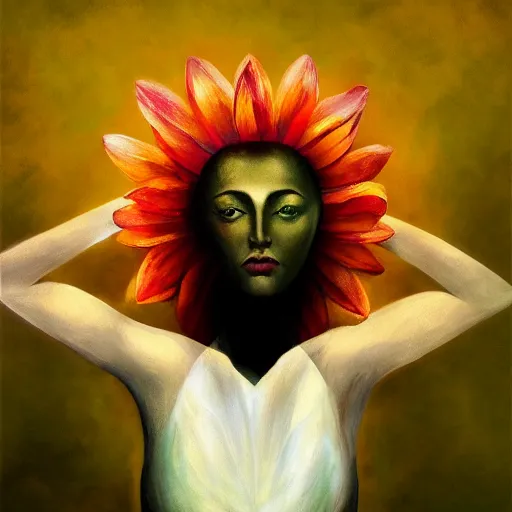 Image similar to huge flower as head, woman standing in a luxury apartment, surreal photography, dramatic light, impressionist painting, digital painting, artstation, georgia o'keeffe