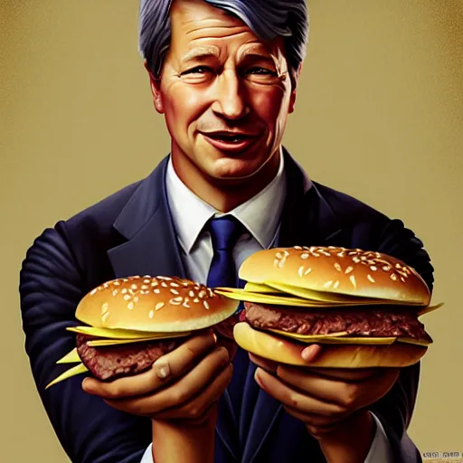Prompt: portrait of jamie dimon eating hamburgers, extra onions and ketchup, luscious patty with sesame seeds, feminine ethereal, handsome, d & d, fantasy, intricate, elegant, highly detailed, digital painting, artstation, concept art, matte, sharp focus, illustration, art by artgerm and greg rutkowski and alphonse mucha