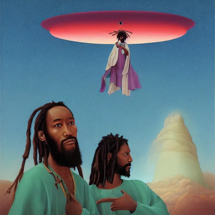 Image similar to UFO hovering around an African Jesus with dreadlocks, painting by Hsiao-Ron Cheng,