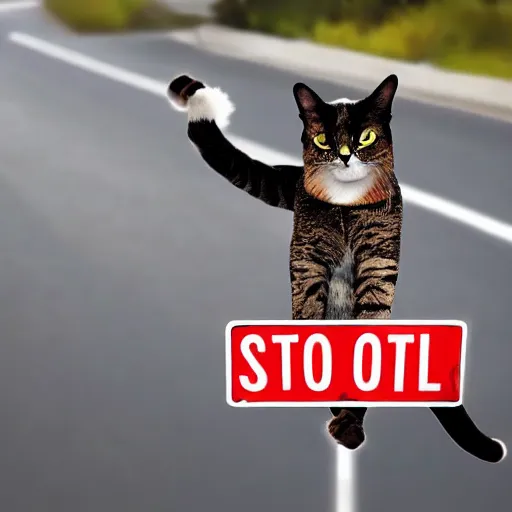 Prompt: an angry cat pointing at you while holding a stop sign at the same time