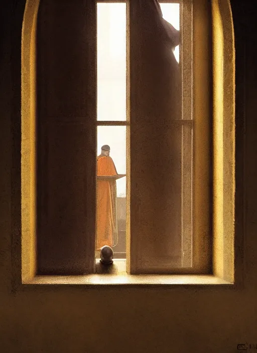 Image similar to oil painting of a medieval dominican monk in robes, looking out of a monastery window contemplatively, digital art, artstation, cinematic, golden hour, digital art painting by greg rutkowski