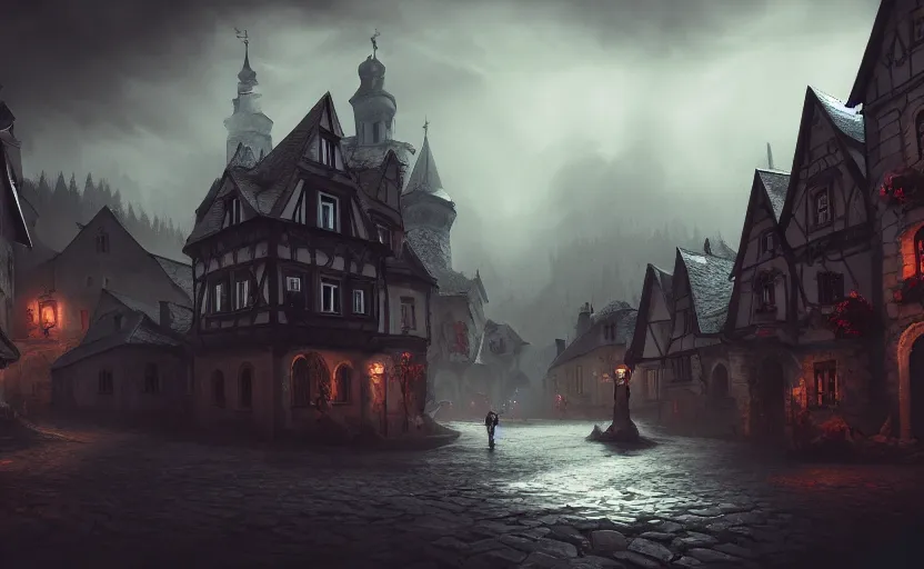 Prompt: extreme long shot concept art depicted old austrian enchanted town, dramatic mood, overcast mood, dark fantasy environment, league of legends, arcane, trending on artstation, unreal engine, golden ratio, spectacular composition, realistic architecture