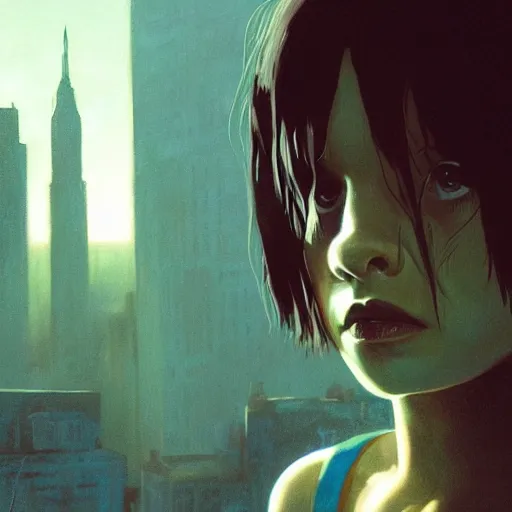 Image similar to closeup portrait of matilda from the movie leon the professional, city background, dramatic light, gorgeous view, depth, high detail, digital art, painted by greg rutkowski and seb mckinnon, by tim burton, trending on artstation