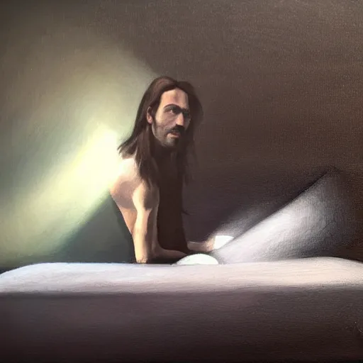 Image similar to oil painting of a slim thin man with long straight brown hair getting up from a bed with raised arms. evocative. artistic. volumetric lighting. low detail