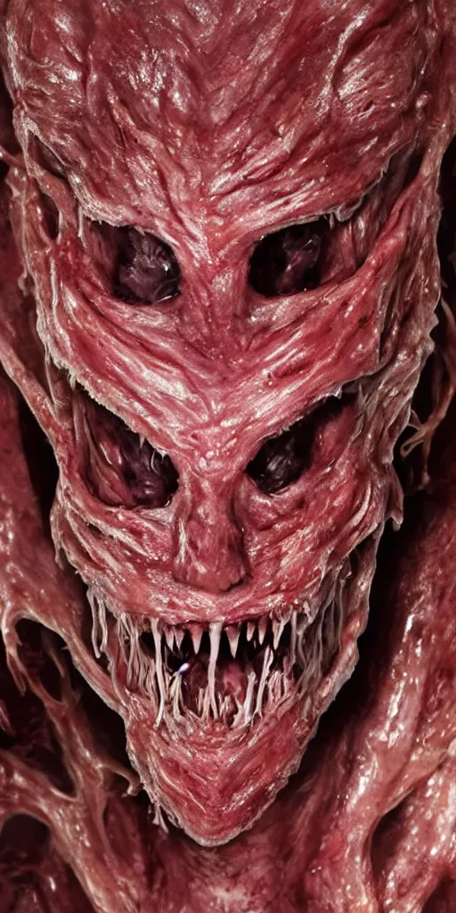 Image similar to smiling photorealistic ultra detailed humanoid creature made of decomposed bloody flesh and bones and fur, extremly detailed, 8 k, realistic, sharp focus, cosmic horror creature, cosmic horror, from the movie the thing, mysterious creature, bloody eyes, big eyes