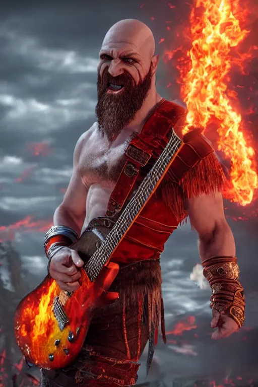 Image similar to screaming kratos rocking out on a flaming stratocaster guitar, cinematic render, god of war 2 0 1 8, playstation studios official media, lightning, flames, red stripe, red stripe, red stripe, red stripe, clear, coherent