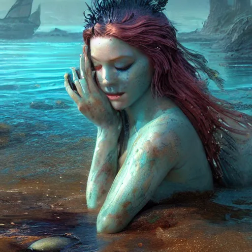 Prompt: a sad mermaid covered in toxic sludge, ultra realistic, concept art, intricate details, highly detailed, photorealistic, octane render, 8 k, unreal engine, art by frank frazetta, simon bisley, brom