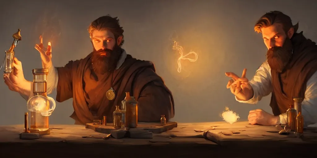 Image similar to a handsome bearded white male mage with brown hair he is casting a spell emanating from his hands, he is in a alchemist workshop filled with beakers and equipment, closed hands, sharp focus, waist up, trending on artstation, by greg rutkowski