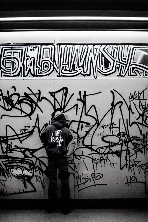 Image similar to subway cabin inside all in graffiti, man in stussy jacket closeup writing graffiti, night, film photography, exposed b & w photography, christopher morris photography